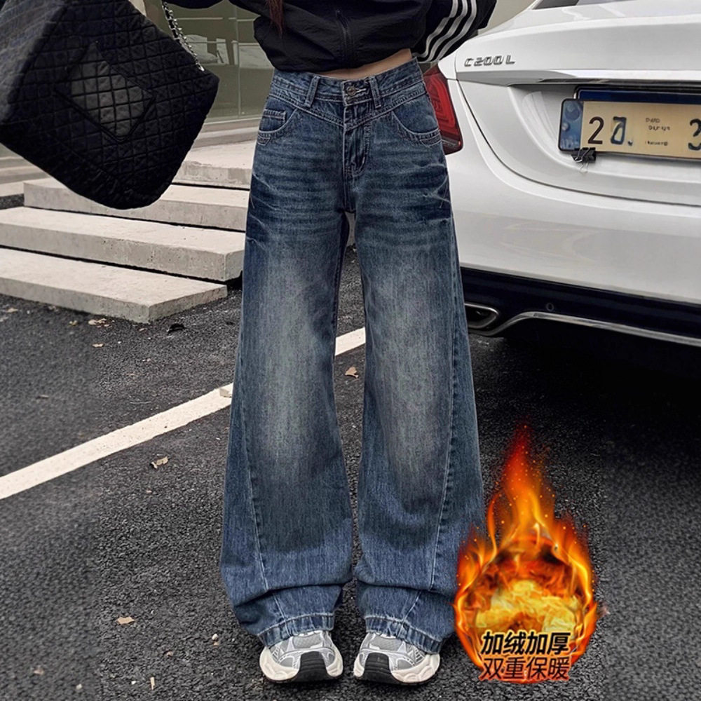 美式复古微喇牛仔裤女秋季大码胖mm低腰宽松直筒阔腿拖地喇叭裤子