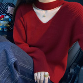 气质优雅百搭显瘦毛衣 新款 韩系独特漂亮红色挂脖针织衫 女2026秋季