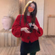 针织开衫 韩系复古软糯绞花红色毛衣外套女季 高级感新年加厚短款