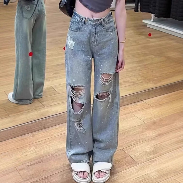 夏季新款复古潮流烫钻破洞牛仔裤女小个子显瘦宽松高腰直筒牛仔裤