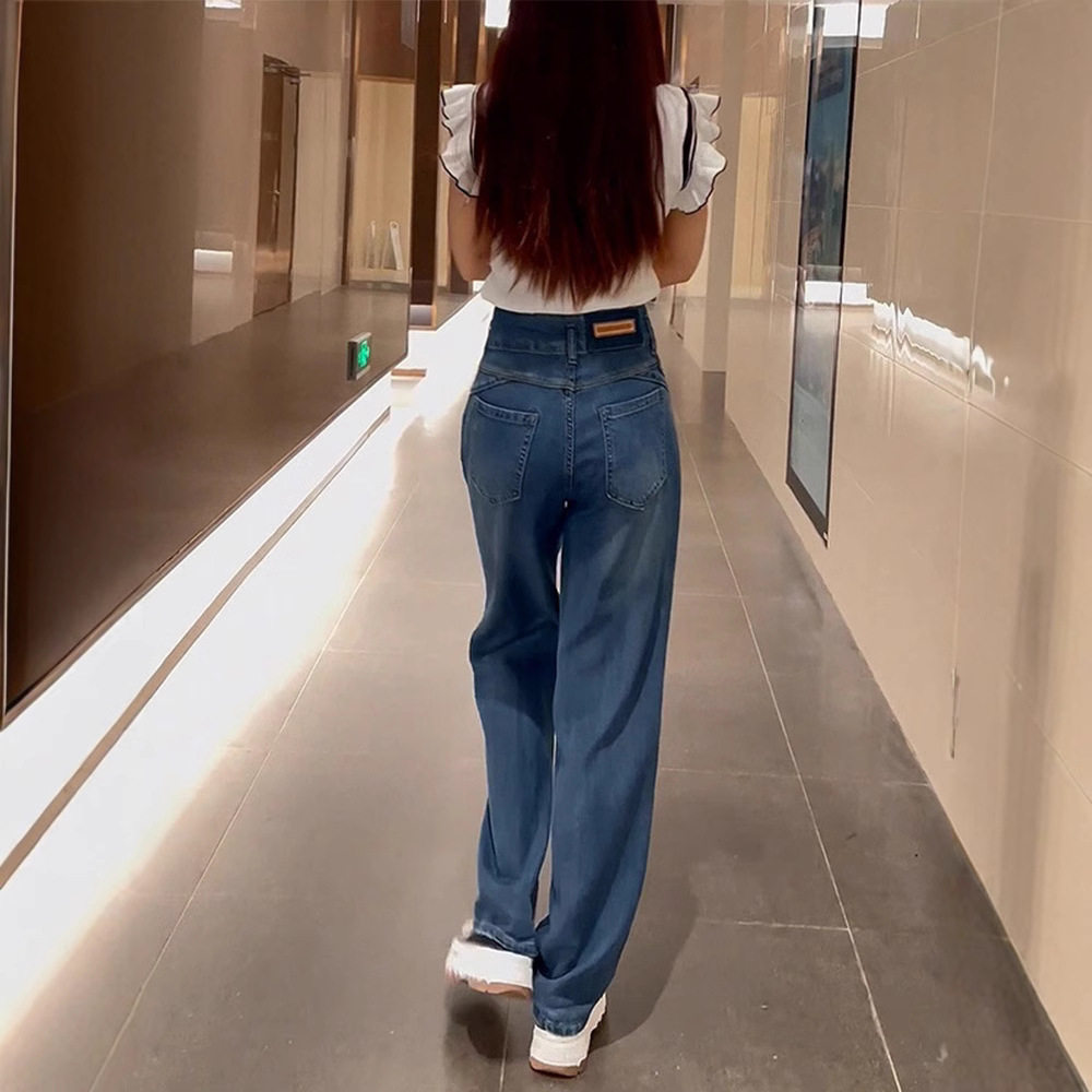 大码天丝牛仔裤女阔腿裤夏季薄款胖mm宽松显瘦高腰冰丝直筒拖地裤