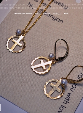 du家货源~美国进口14k包金花边十字架珍珠锁骨链女项链~不掉色