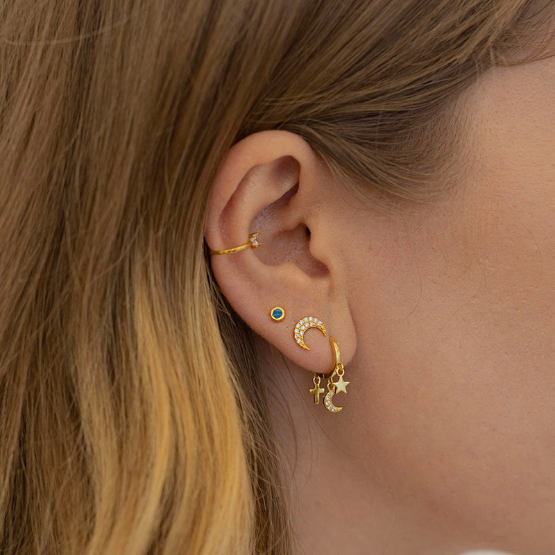 星月十字架月亮蓝色耳环纯银镀金