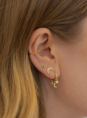 【Moonlight】月亮图案镶钻几何蓝色松石圆形纯银镀金欧美耳环女