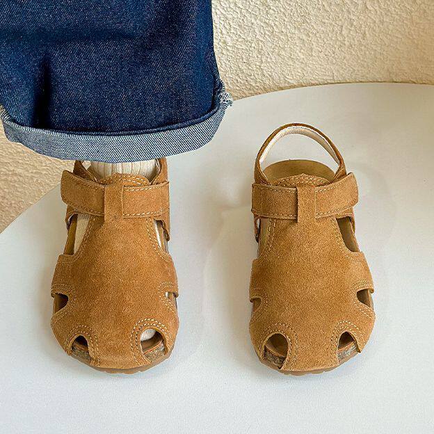 夏季新款女童真皮勃肯凉鞋男童软木包头沙滩鞋儿童红色波点宝宝鞋