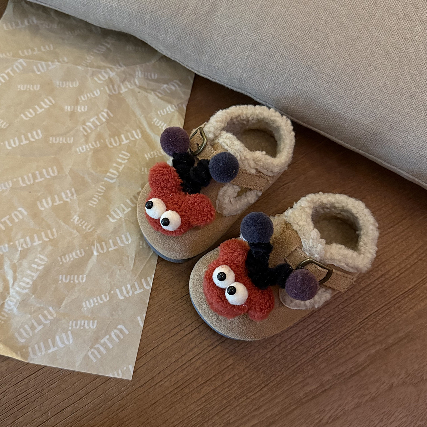 2025秋冬季新款加绒保暖厚底毛毛鞋宝宝软底学步鞋可爱卡通勃肯鞋