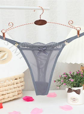 性感风蕾丝丁字裤女无痕透视蝴蝶结低腰T裤灰色情调内裤细带大码