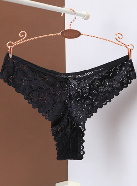 性感风蕾丝丁字裤女低腰无痕透明T裤黑色内裤女士情调内裤法式