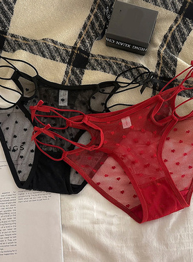 法式性感心形网纱丁字裤女低腰细腰带红色好运2026新款女三角裤