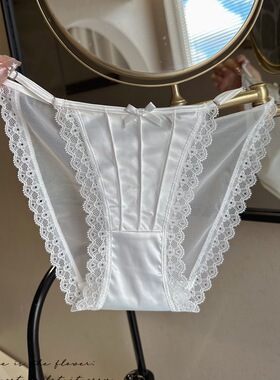 法式蕾丝边缎面三角裤女性感低腰无痕透气舒适内裤白色优雅少女