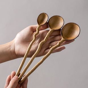 树桩陶瓷勺子ins家用精致长柄同款咖啡勺可爱搅拌勺咖啡杯手工勺