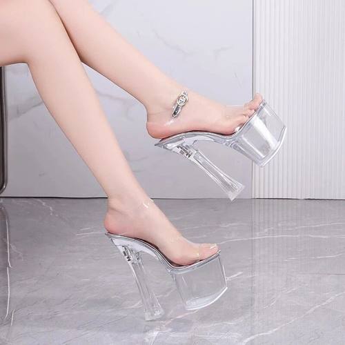 18厘米公分高跟鞋粗跟透明水晶鞋模特训练鞋性感夜店钢管舞鞋大码
