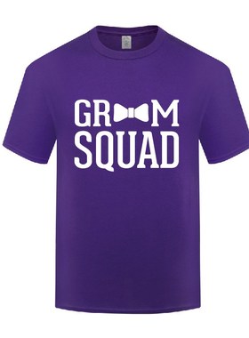 新款创意短袖圆领棉T恤男宽松大码 Groom Squad 新郎伴郎单身派对