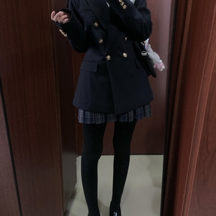 千纸鹤jk西装女双排扣收腰西装外套藏青色jk西服学院风校供感制服