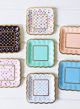 Party Plates  烫金彩色圆点小方盘粉色蓝色薄荷绿新款蛋糕碟餐盘