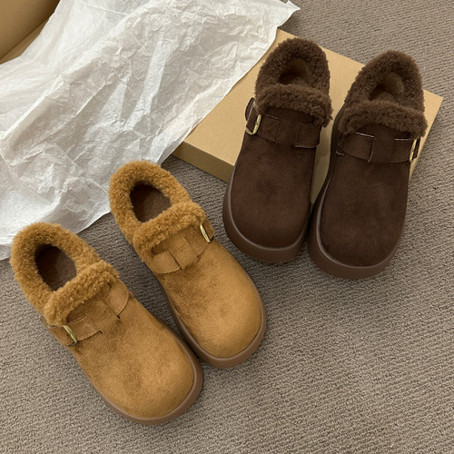 冬季加绒保暖毛绒勃肯鞋女驼色