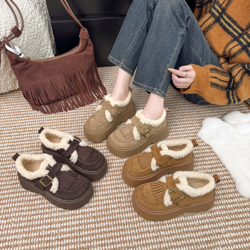 加绒厚底增高流苏勃肯鞋女