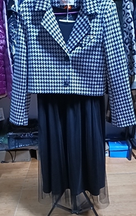 女士千鸟格短款外套时尚休闲百搭小香风上衣两件套连衣裙断码特价