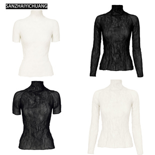 三宅艺创2026新款女装时尚透视装褶皱柳条系列上衣薄款高领T恤女