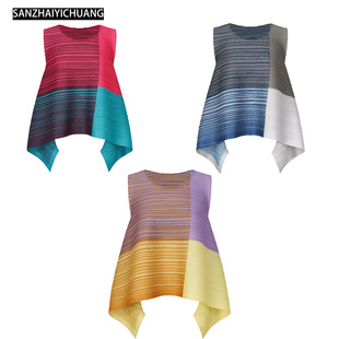 三宅艺创2026新款女装衣服小众百搭上衣褶皱不规则渐变色无袖T恤