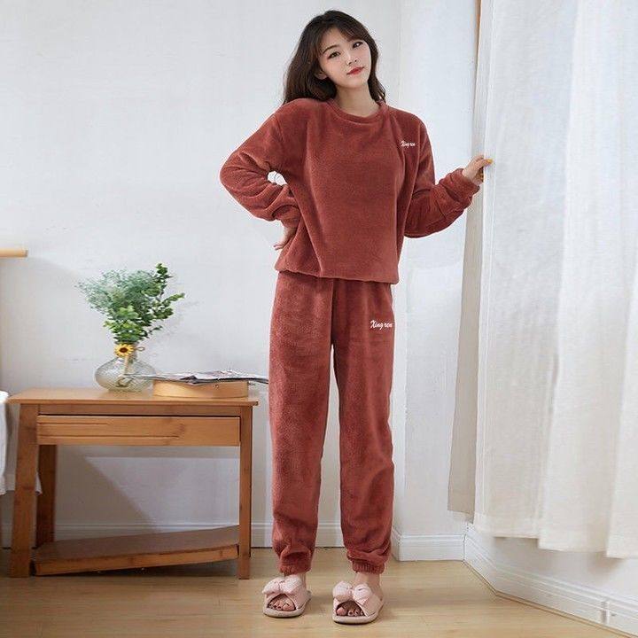居家服女士可出门休闲慵懒松弛感家居服睡衣秋冬法兰绒套装暖暖珊