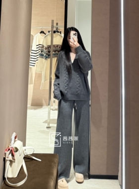 意大利代FARI全羊绒直筒休闲裤针织阔腿裤松紧腰女士休闲裤子