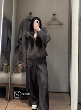 意大利代Fari羊毛混纺针织裤高腰松紧腰直筒宽松阔腿女裤子卷边裤