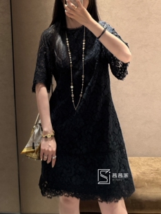意大利代Fari春夏新款蕾丝连衣裙女款收腰显瘦中袖黑色白色裙子