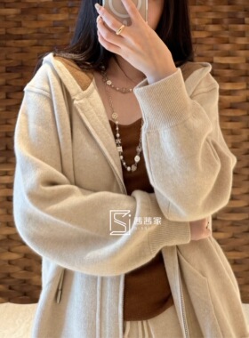 意大利代FARI老钱风羊绒针织开衫女连帽毛衣外套上衣燕麦色拉链厚