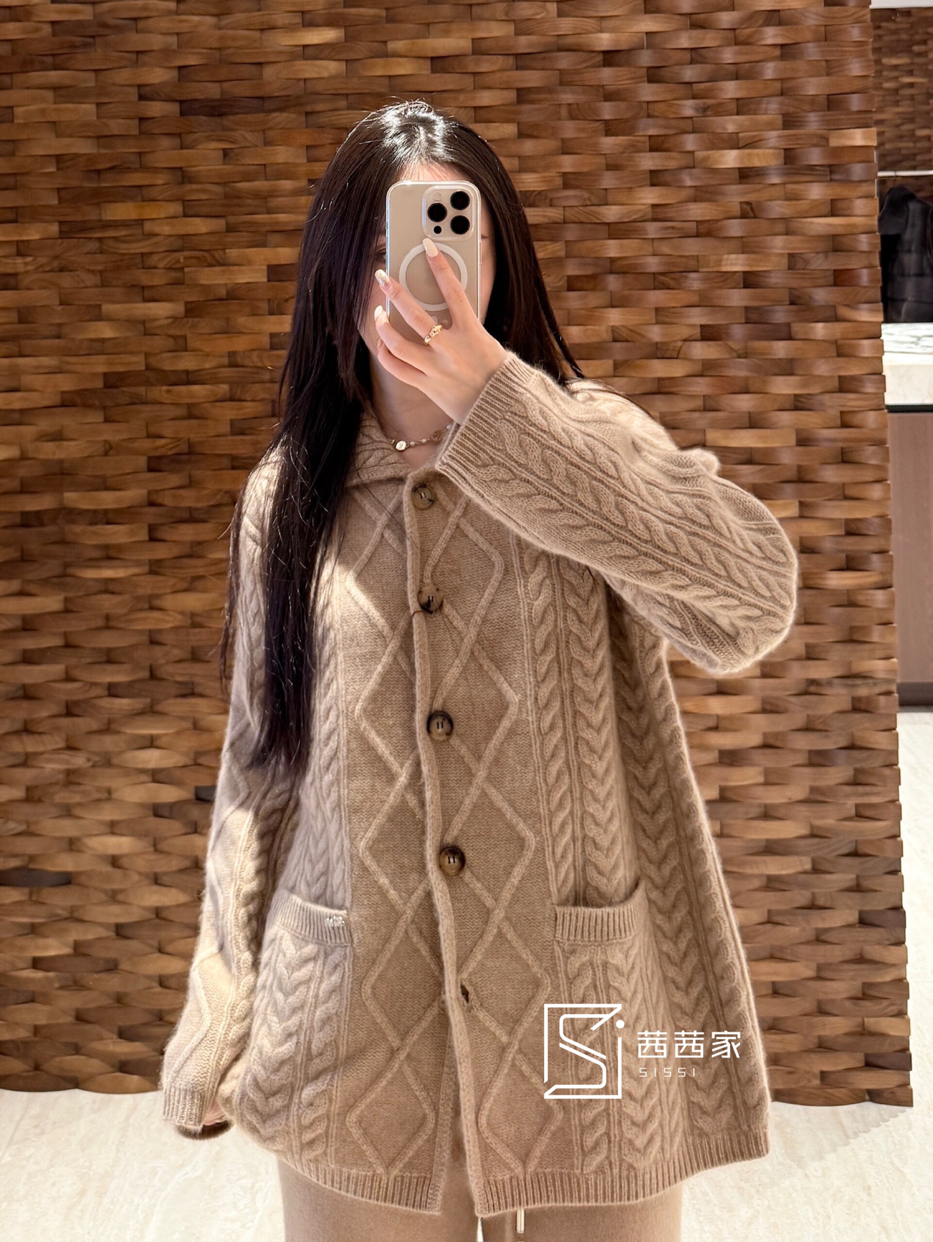 意大利代FARI新款羊绒麻花翻领纽扣开衫落肩长袖加厚女式外套老钱