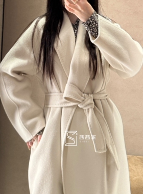 意大利代FARI青果领大衣长款白色系带收腰双面呢羊毛羊绒大衣外套