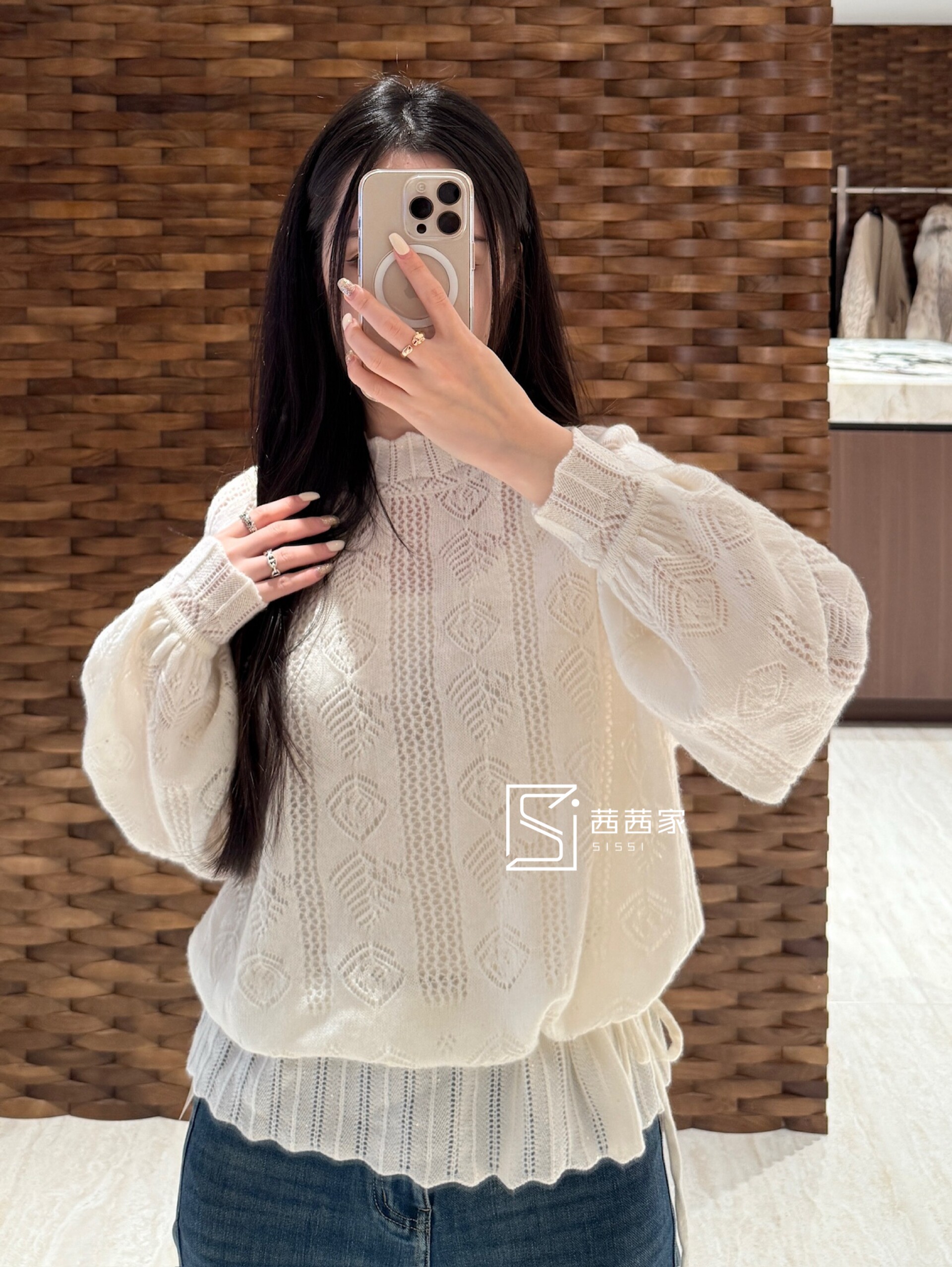 意大利代Fari全羊绒抽绳两穿镂空花苞边甜美上衣宽松显瘦外套女衫