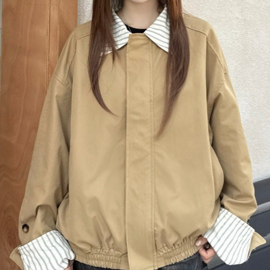 美式甜酷风条纹拼接翻领外套女2025秋季美拉德休闲宽松夹克上衣潮