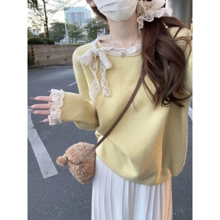 洋气百搭休闲显瘦上衣 2025新款 韩版 圆领甜美蕾丝边针织毛衣女夏季