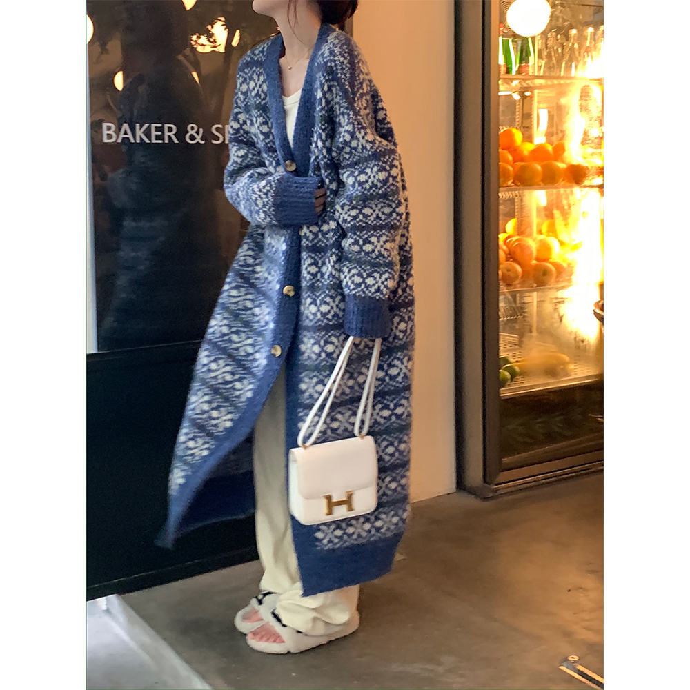 复古针织开衫女秋冬新款宽松慵懒风毛衣外套女中长款外搭大衣厚