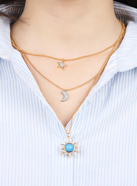 蓝色锆石八芒星星星月亮太阳项链