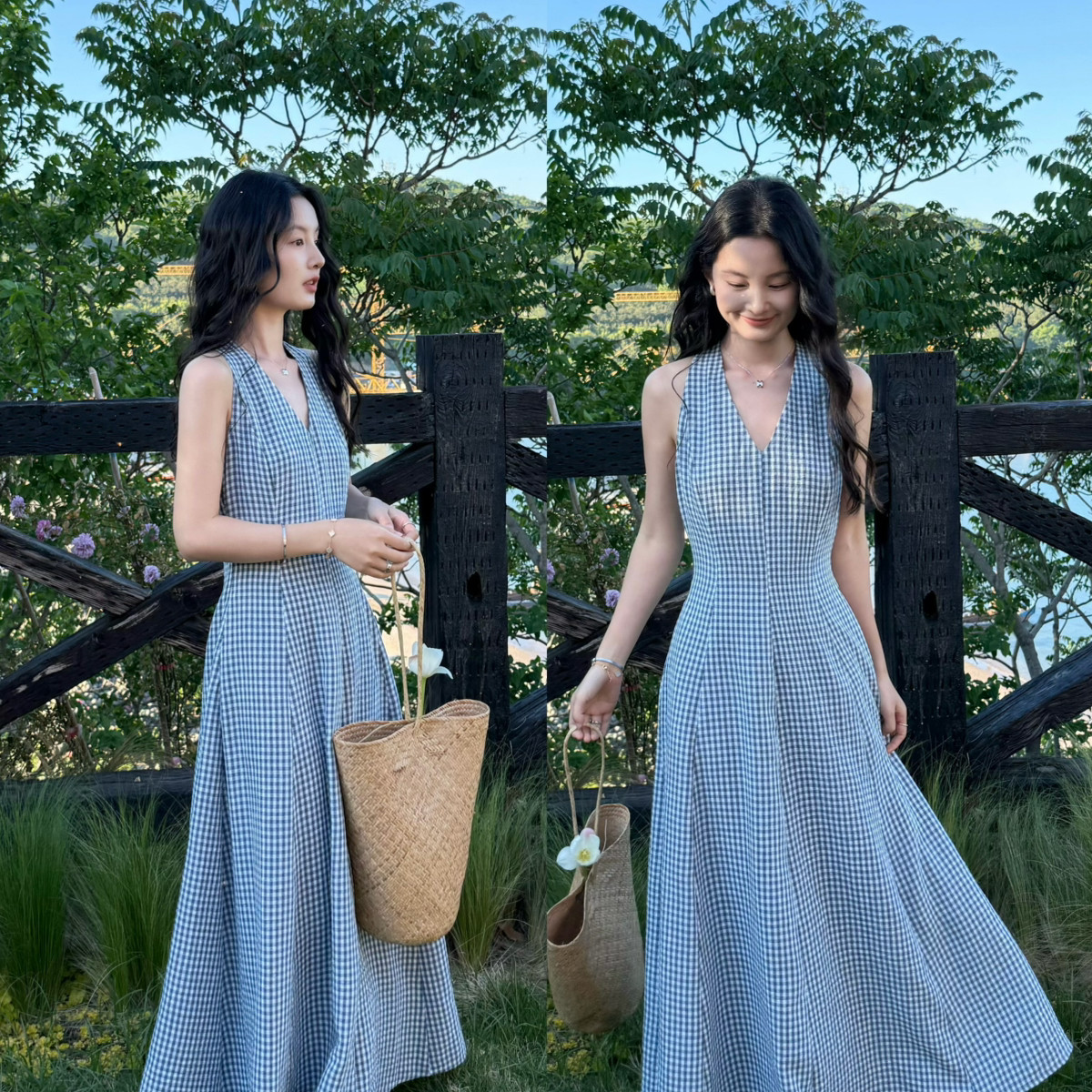 DIGM-夏上新法式高级感撞色格子V领收腰显瘦背心连衣裙DB13063