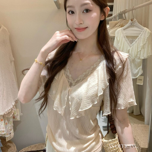 AS OFFICIAL-高入手真香优雅系淡颜天菜·荷叶边蕾丝V领小衫28556