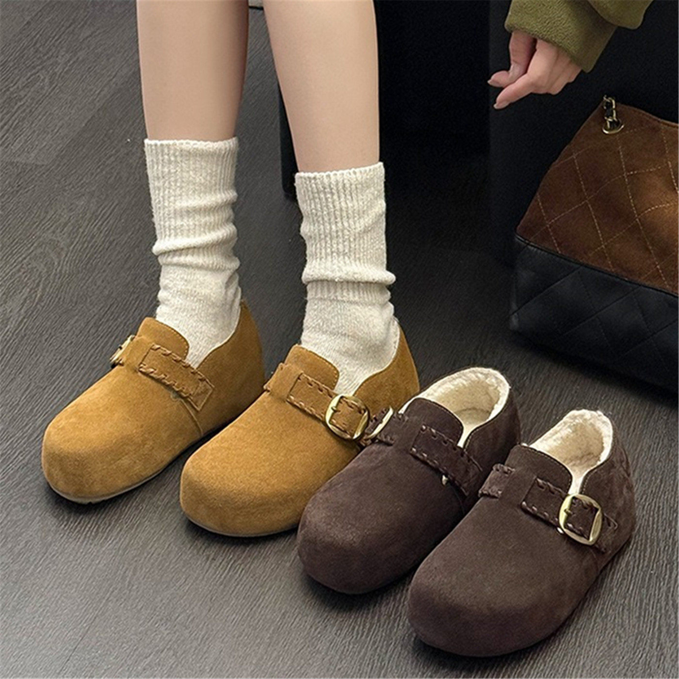 真皮百搭加绒勃肯鞋女2025冬季新款显脚小一脚蹬舒适厚底保暖棉鞋