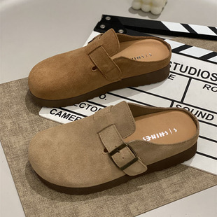 欧货复古磨砂真皮勃肯鞋厚底2025新款春夏包头外穿半拖鞋女时尚潮