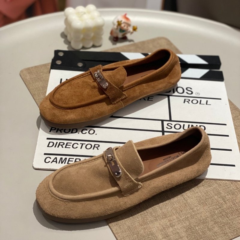 反绒皮乐福鞋女2026一脚蹬圆头棕色金属扣豆豆鞋平底百搭休闲单鞋,女鞋,时尚休闲鞋,淘宝优惠券,粉丝福利购,淘宝优惠卷