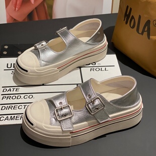 粗跟扣带增高休闲鞋 银色厚底玛丽珍凉鞋 低帮厚底鞋 新款 女2026夏季