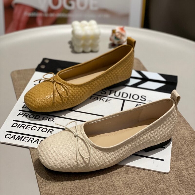 甜美风编织芭蕾舞鞋女2026平底蝴蝶结日常女鞋方头奶奶鞋软底单鞋