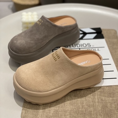 复古磨砂拖女外穿2025春新款百搭圆头超轻松糕厚底懒人拖鞋勃肯鞋