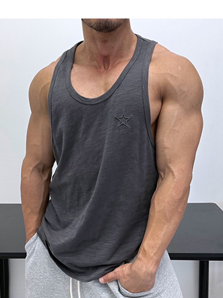 질감이 좋은 원단  통기성 대나무 면 자수 순수 면 루즈한 조끼 민소매 티셔츠 슬림 핏 근육질 남성이 강해 보입니다