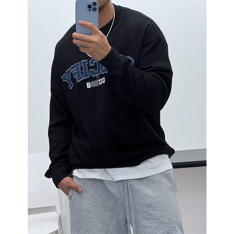 春秋薄款牛仔贴布圆领落肩