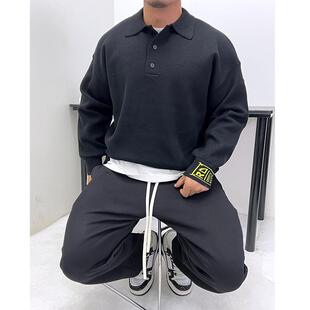 前短后长!翻领套头polo针织衫毛衣潮男微阔版宽松显壮简约秋冬ins