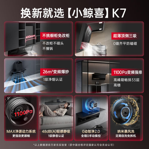 万家乐小鲸喜油烟机变频家用顶侧一体K7/K7PRO大吸力挥手智控联动