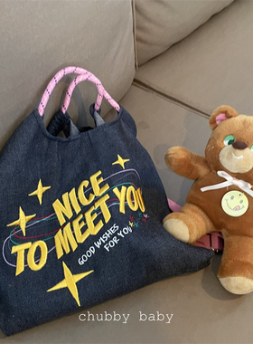 chubbybaby*好搭很亮眼!美式复古刺绣大容量牛仔面料可斜挎帆布包