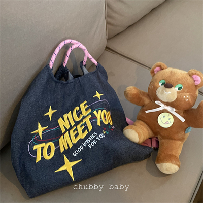 chubbybaby*好搭很亮眼!美式复古刺绣大容量牛仔面料可斜挎帆布包